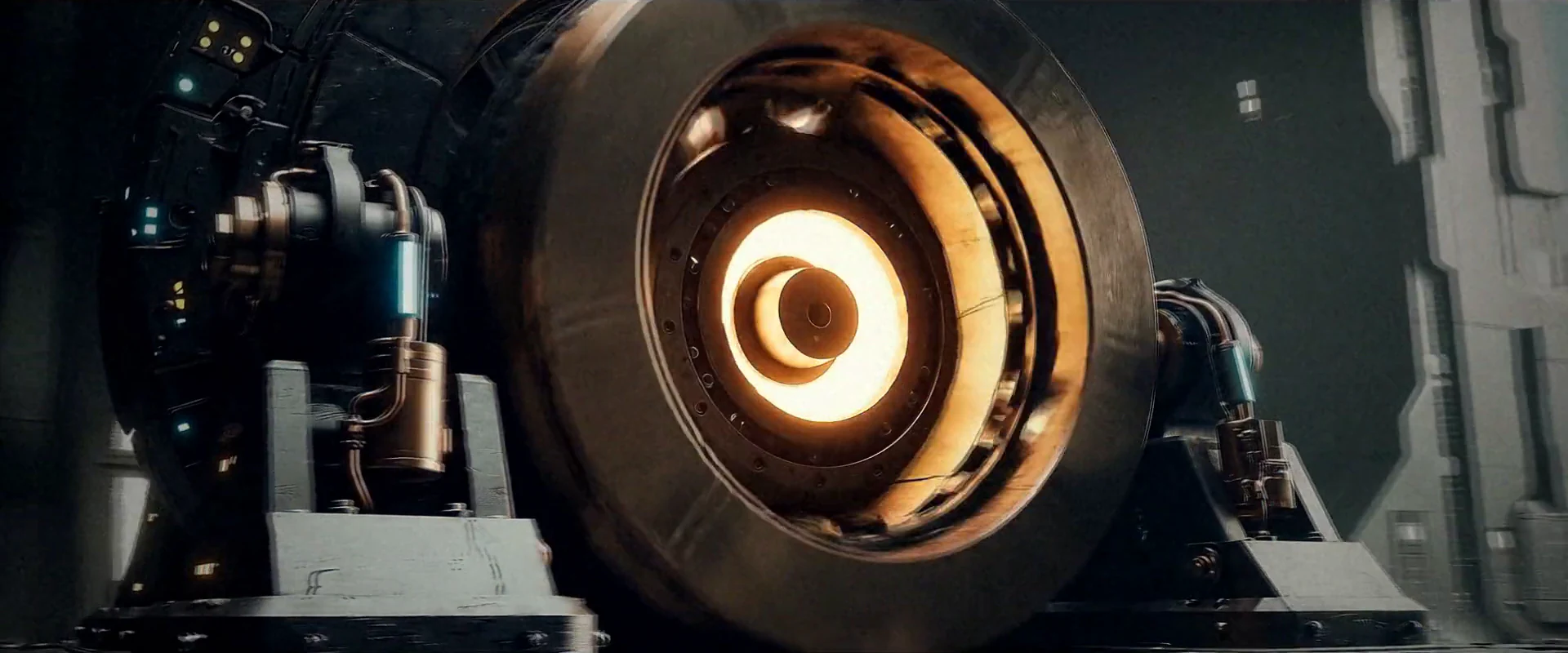 A frame from the showreel: a massive industrial turbine with a glowing amber core