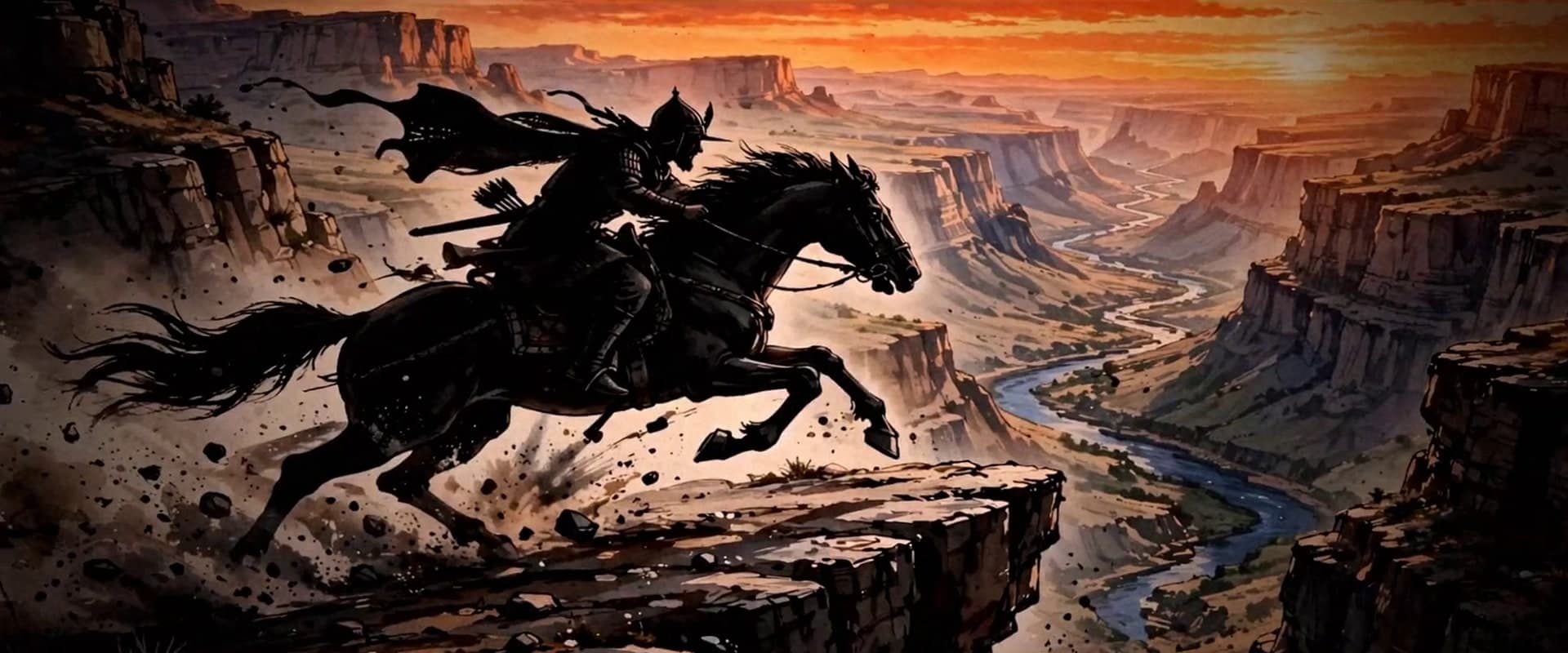 A horseman leaping from a cliff edge high above a river canyon at sunset